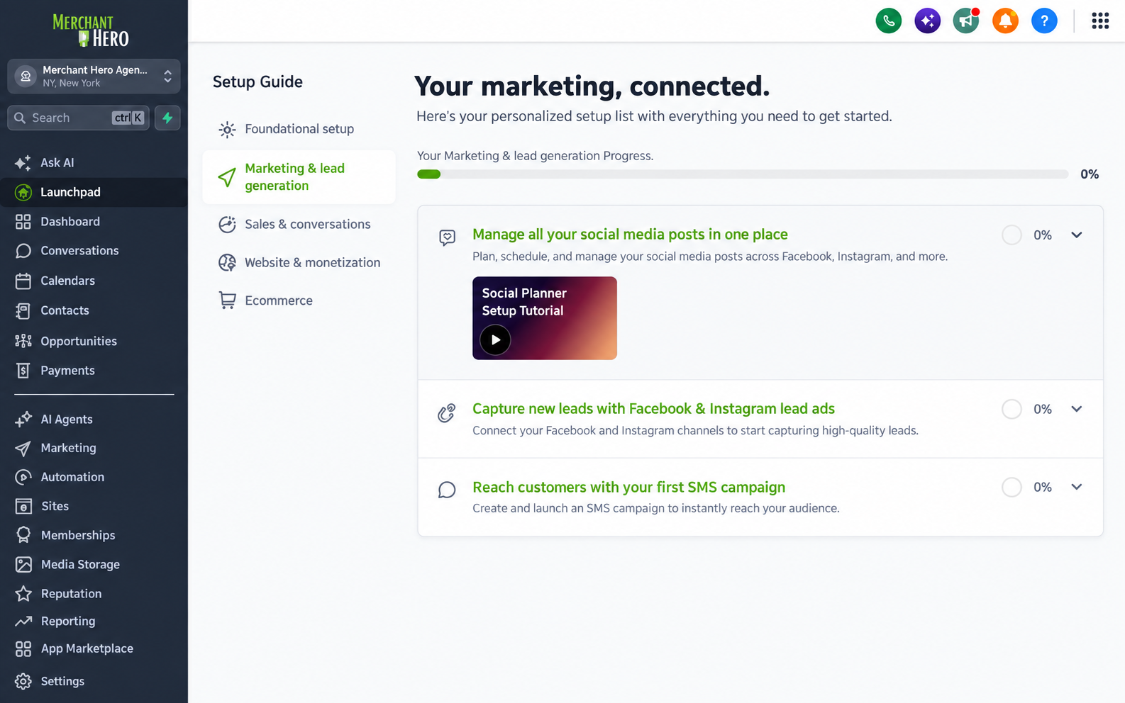 Cleaned Merchant Hero marketing workspace showing social planning, lead-ad capture, and SMS campaign setup.